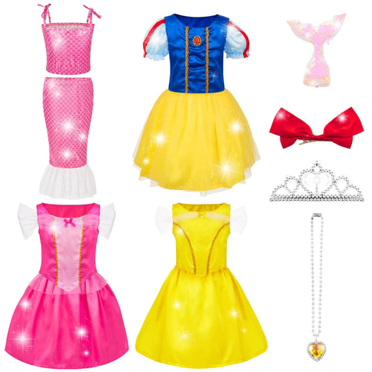 Full princess dress up set including 4 princess dresses set, mermaid suit, tiara, bow clip, and necklace.