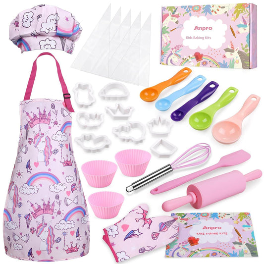 Complete Gleamkid 27 piece kids cooking and baking set for girls, featuring unicorn-themed hat, apron, and various utensils.