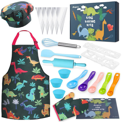 Complete kids cooking and baking set. Includes apron, hat, utensils, and dinosaur   themed molds.