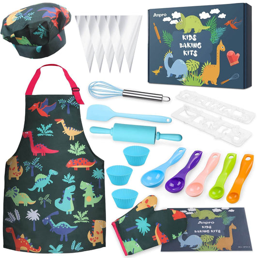 Complete kids cooking and baking set. Includes apron, hat, utensils, and dinosaur   themed molds.