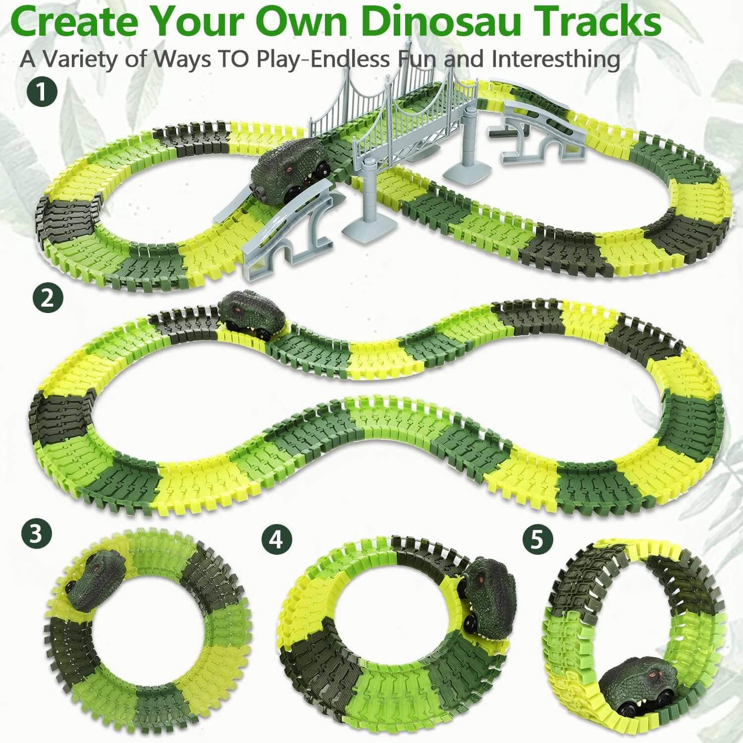 Create your own dinosaur tracks with this set. Multiple layout options for endless fun