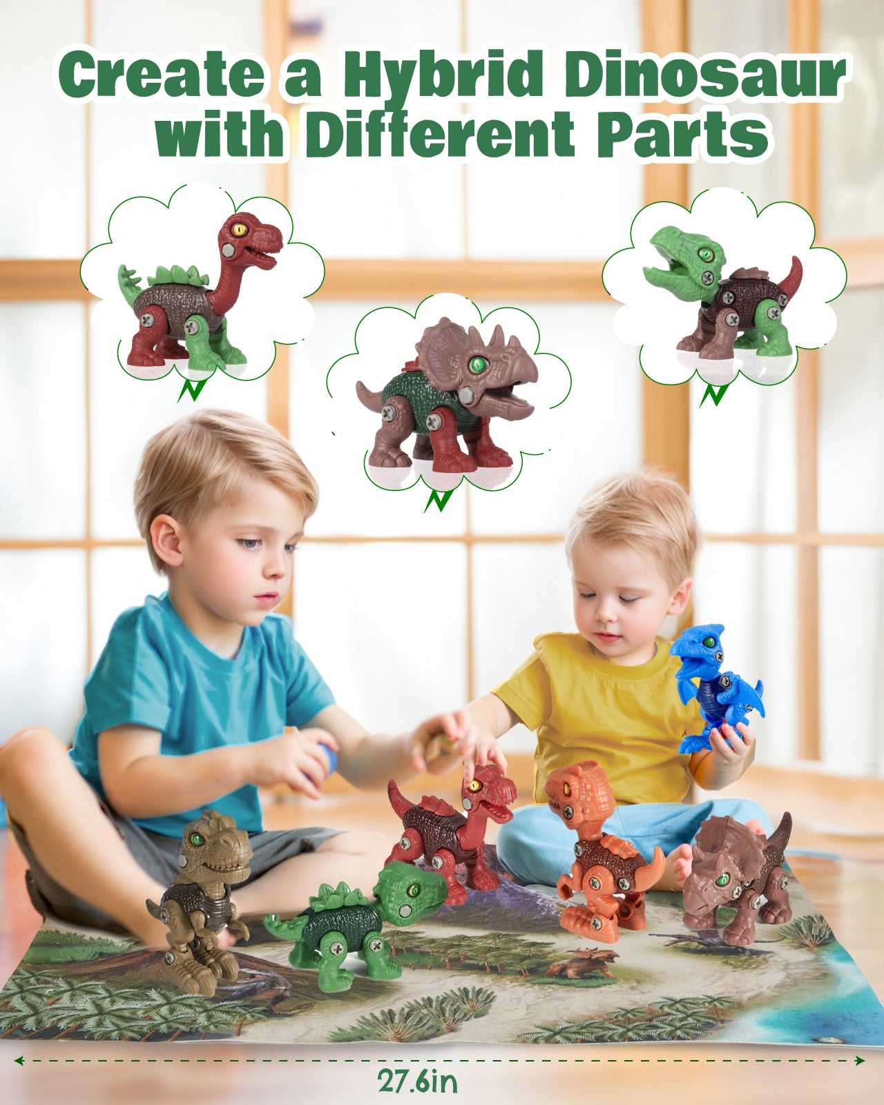 Children create a hybrid dinosaur with different parts using take apart dinosaur toys on a 27.6in mat.