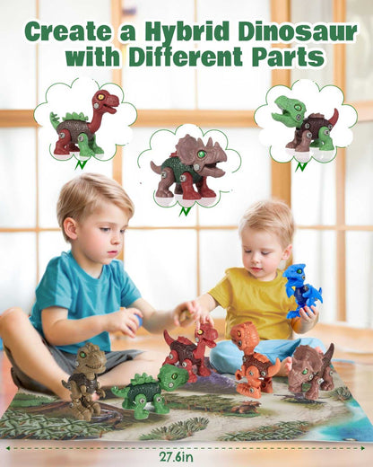 Children create a hybrid dinosaur with different parts using take apart dinosaur toys on a 27.6in mat.