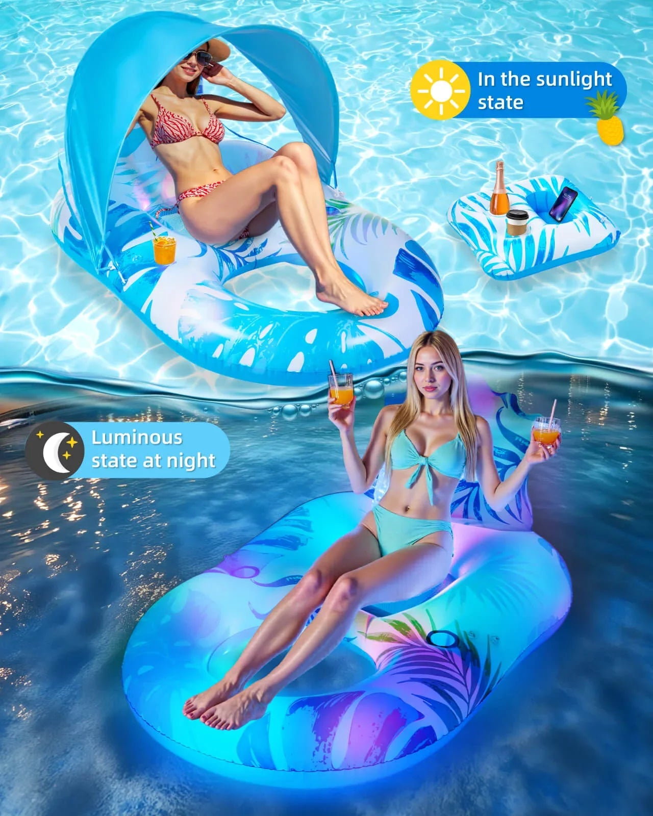 Comparison of the versatile pool lounger float, showing a woman using the sun canopy by day and the LED lights at night.