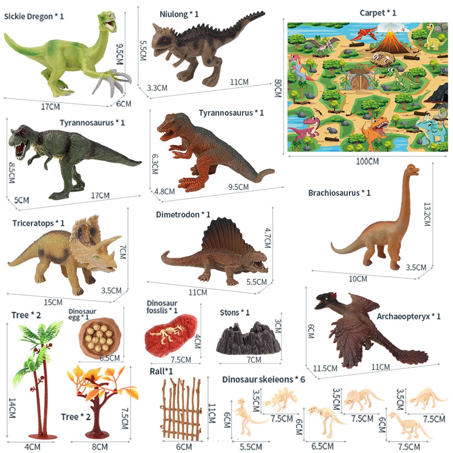 Gleamkid dinosaur toys play set with dimensions of various pieces like dinosaurs, trees, and carpet. Ideal for kids aged 3+.