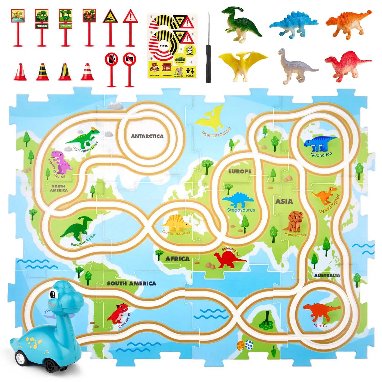 An assembled dinosaur floor puzzle that creates a fun race track, complete with a toy car and road signs.