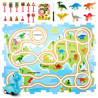 An assembled dinosaur floor puzzle that creates a fun race track, complete with a toy car and road signs.