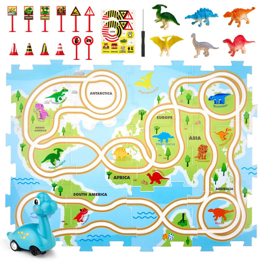 An assembled dinosaur floor puzzle that creates a fun race track, complete with a toy car and road signs.