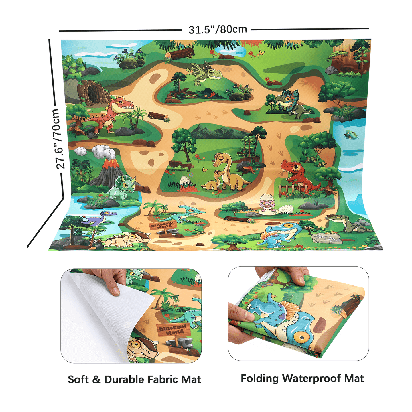 Gleamkid Anpro dinosaur play mat with dimensions, soft & durable fabric, and folding waterproof features.