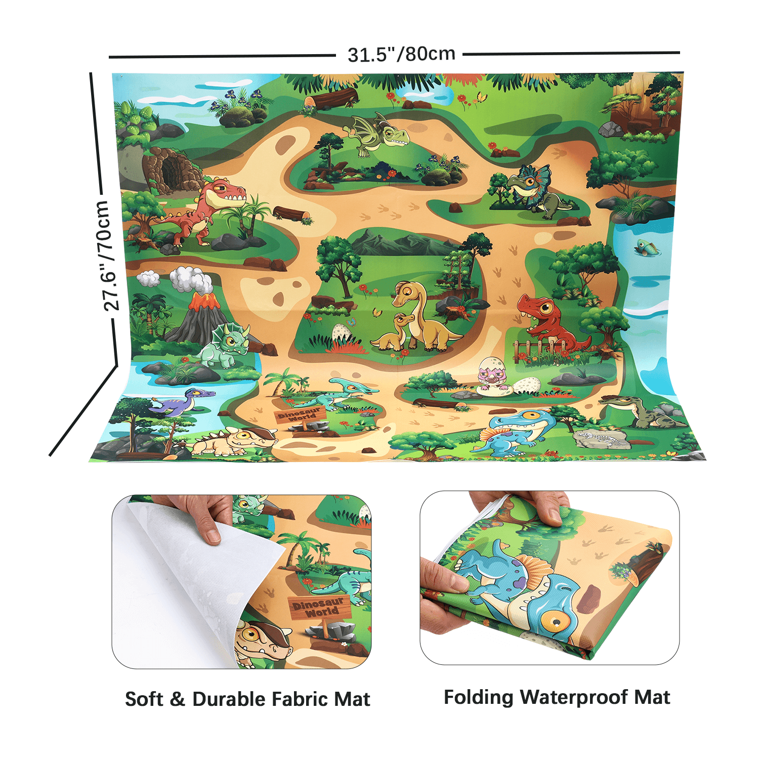 Gleamkid Anpro dinosaur play mat with dimensions, soft & durable fabric, and folding waterproof features.