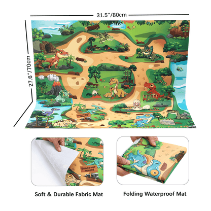 Gleamkid Anpro dinosaur play mat with dimensions, soft & durable fabric, and folding waterproof features.
