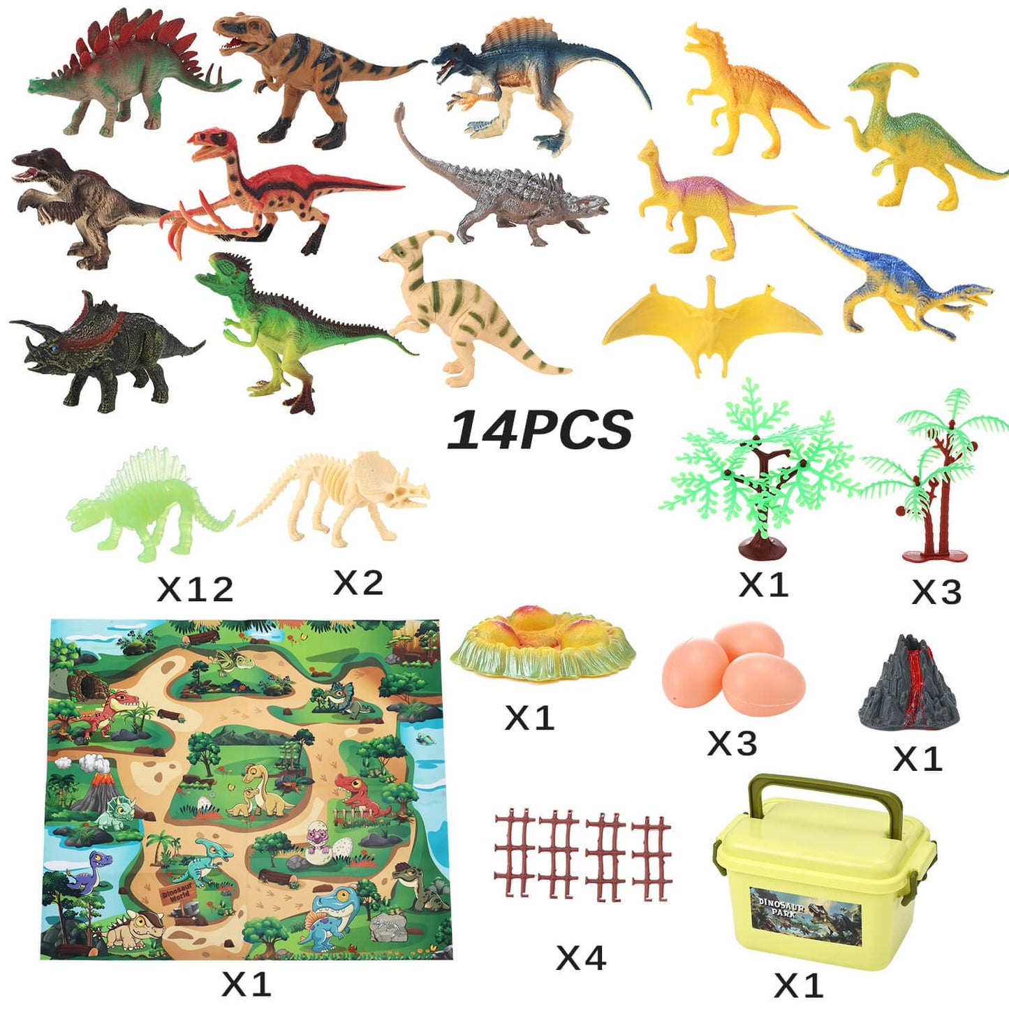 Gleamkid Anpro dinosaur play set showing 43 pieces including dinosaurs, trees, and accessories.