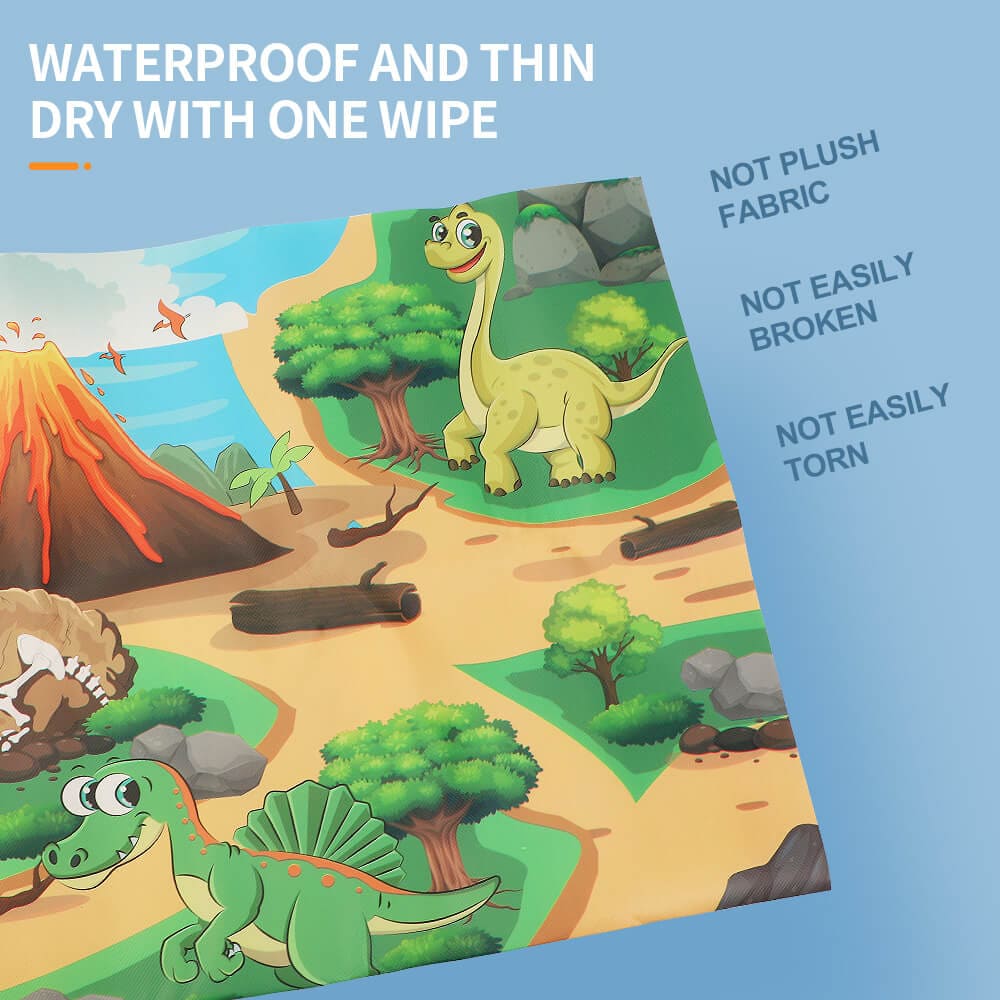 Gleamkid dinosaur playmat with waterproof and durable features. Not plush, not easily broken or torn.