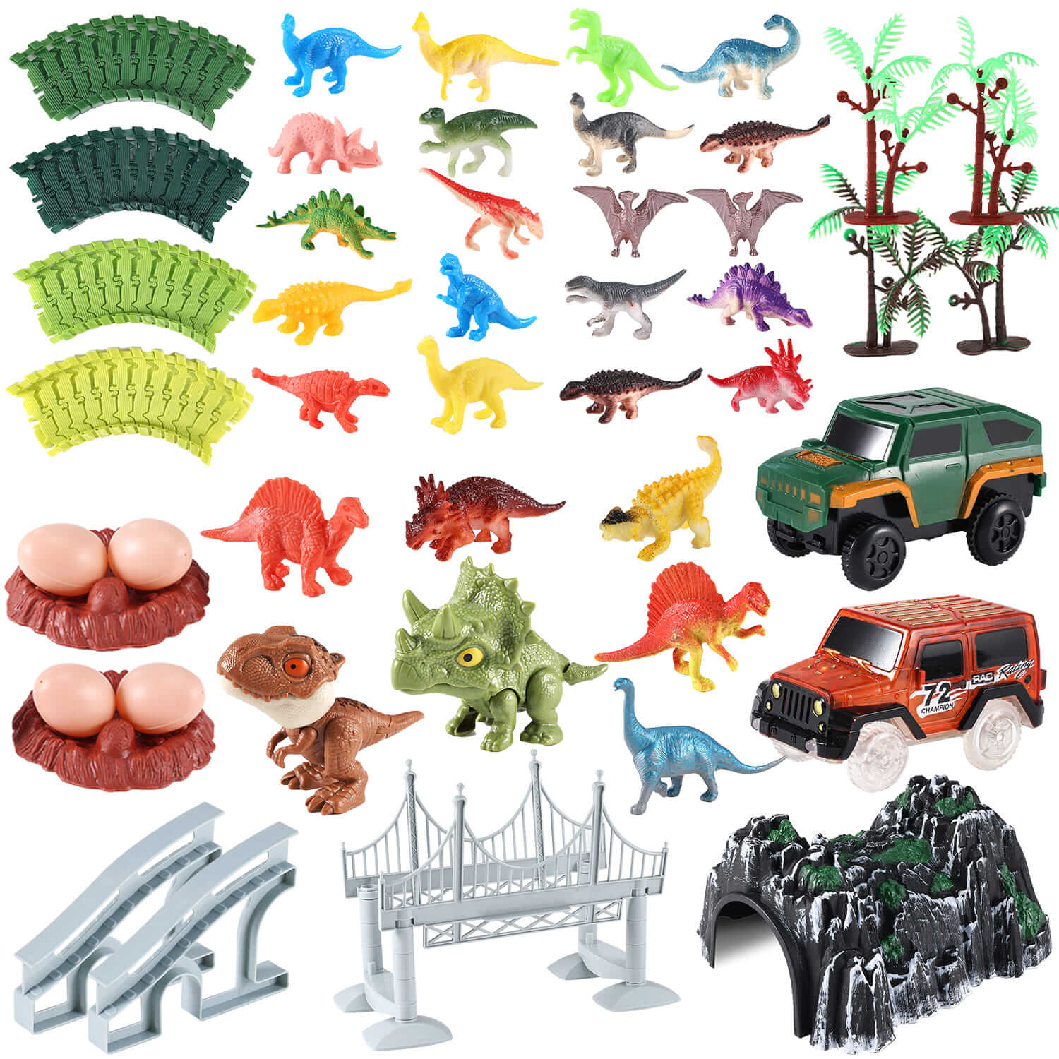  dinosaur track set accessories including colorful dinosaur figures, tracks, cars, trees, and more. 240+ pieces for diverse play.