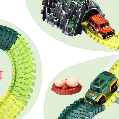 The gleamkid dinosaur race car track set with flexible tracks, a tunnel, and toy cars. Includes dinosaur eggs accessory for imaginative play.