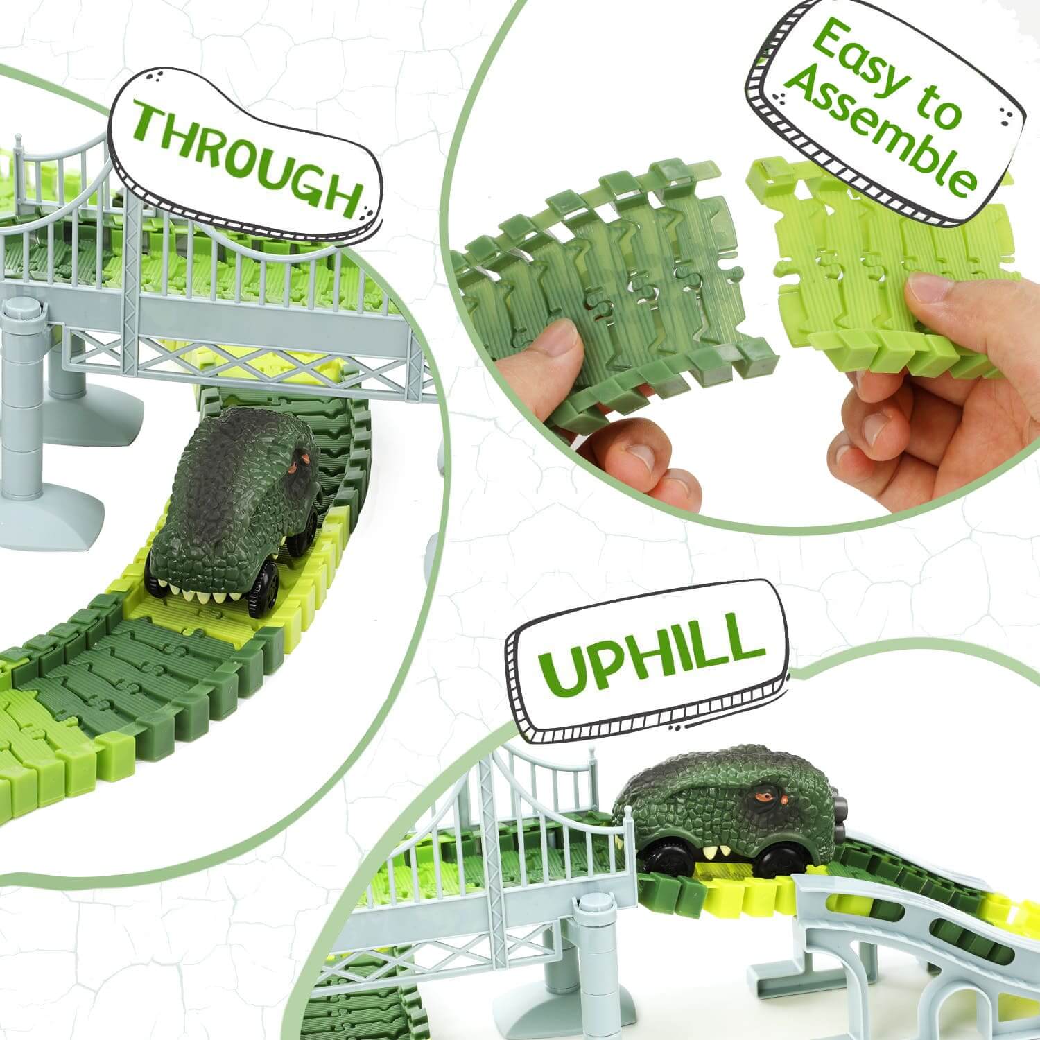 Dinosaur race track set showing easy assembly, with dino car navigating uphill and through bridges. 