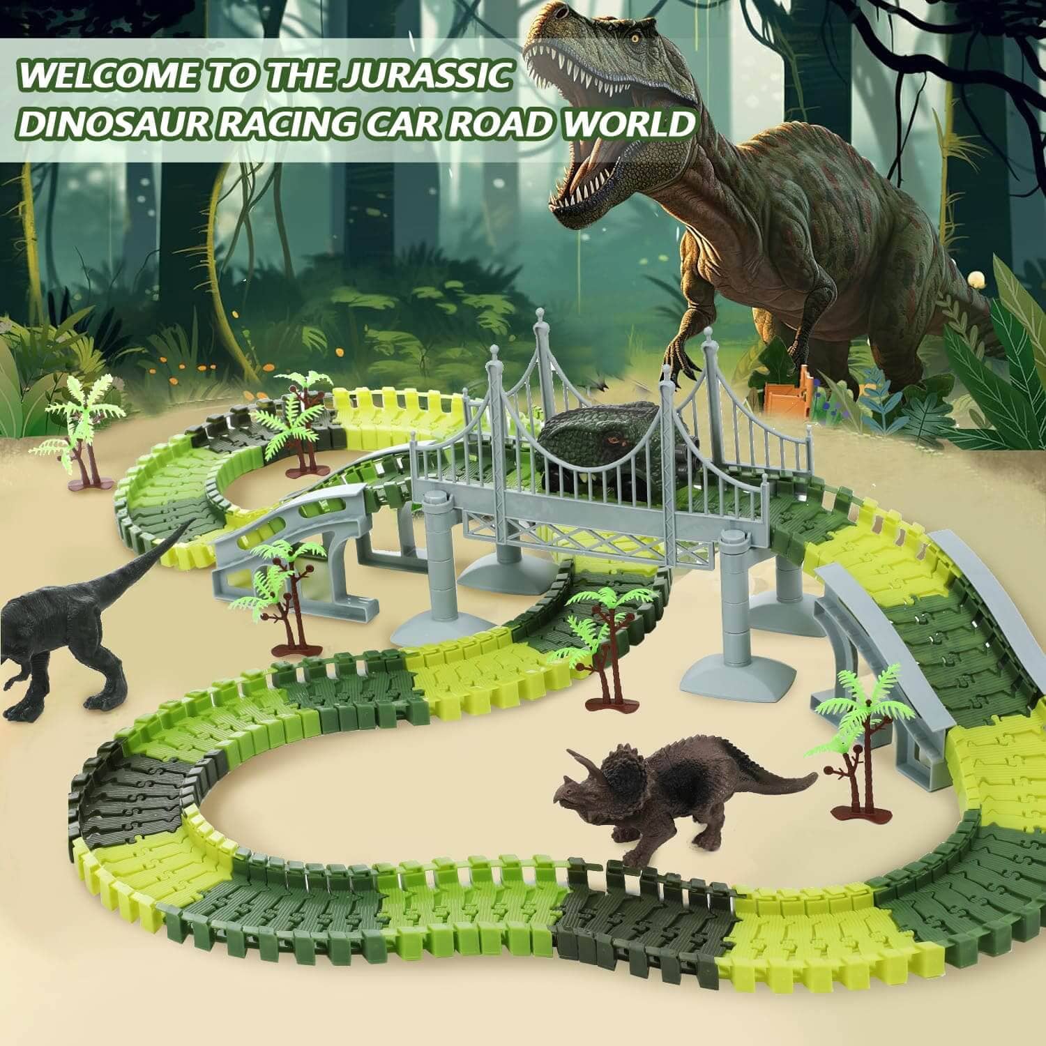 Dinosaur race track set bringing a Jurassic   themed world to life. Includes dino car and dinosaur figures for immersive play.