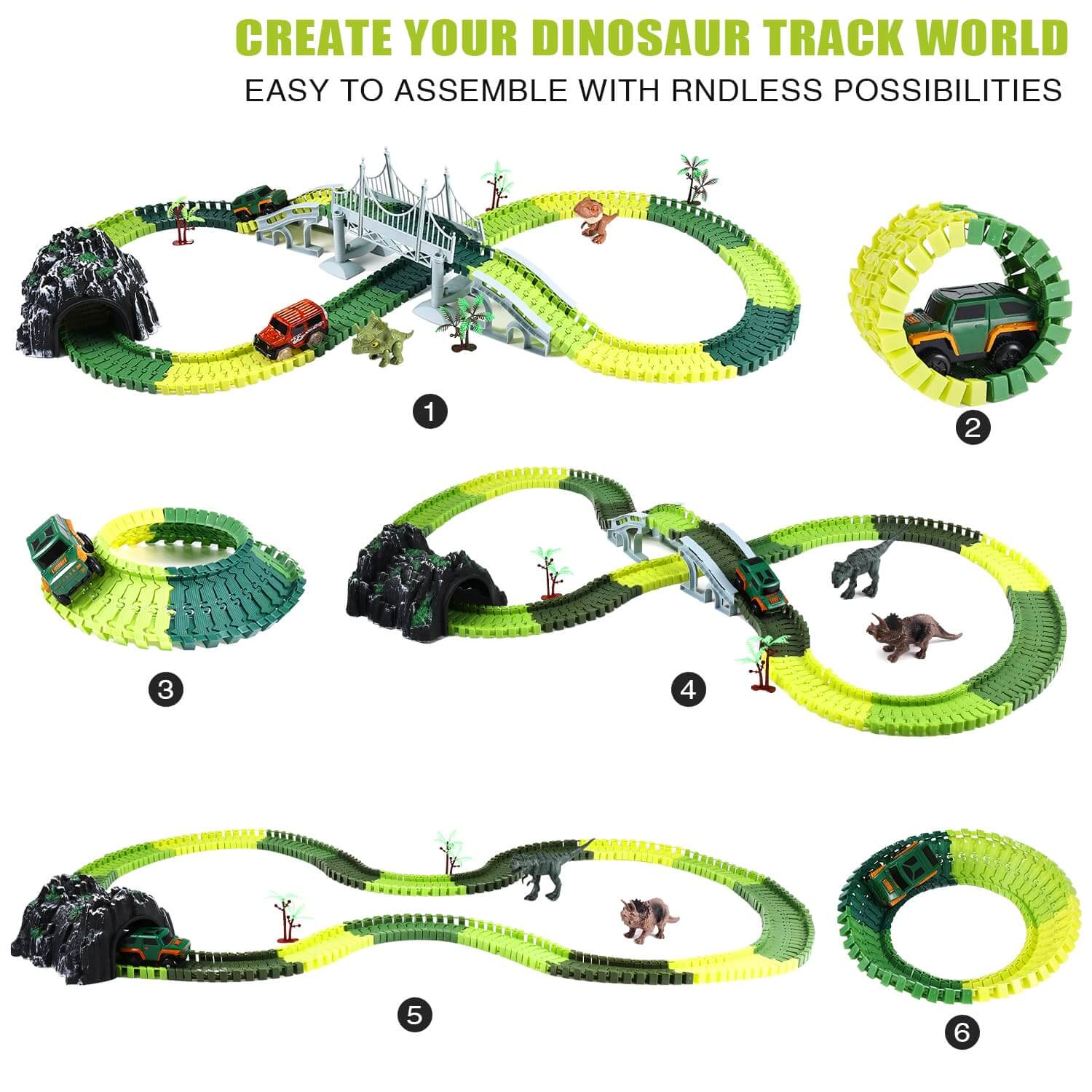 Various assembly layouts of Gleamkid dinosaur track set