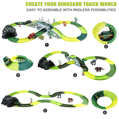 Various assembly layouts of Gleamkid dinosaur track set