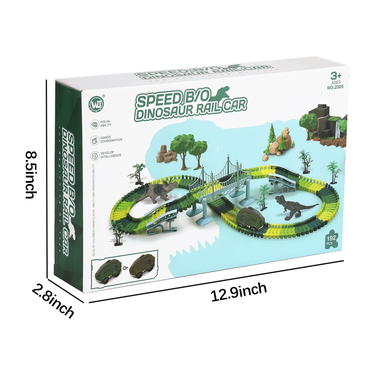 Packaging of the dinosaur race track set with dimensions. Exquisite box makes it an ideal gift for kids aged 3+ for various occasions.