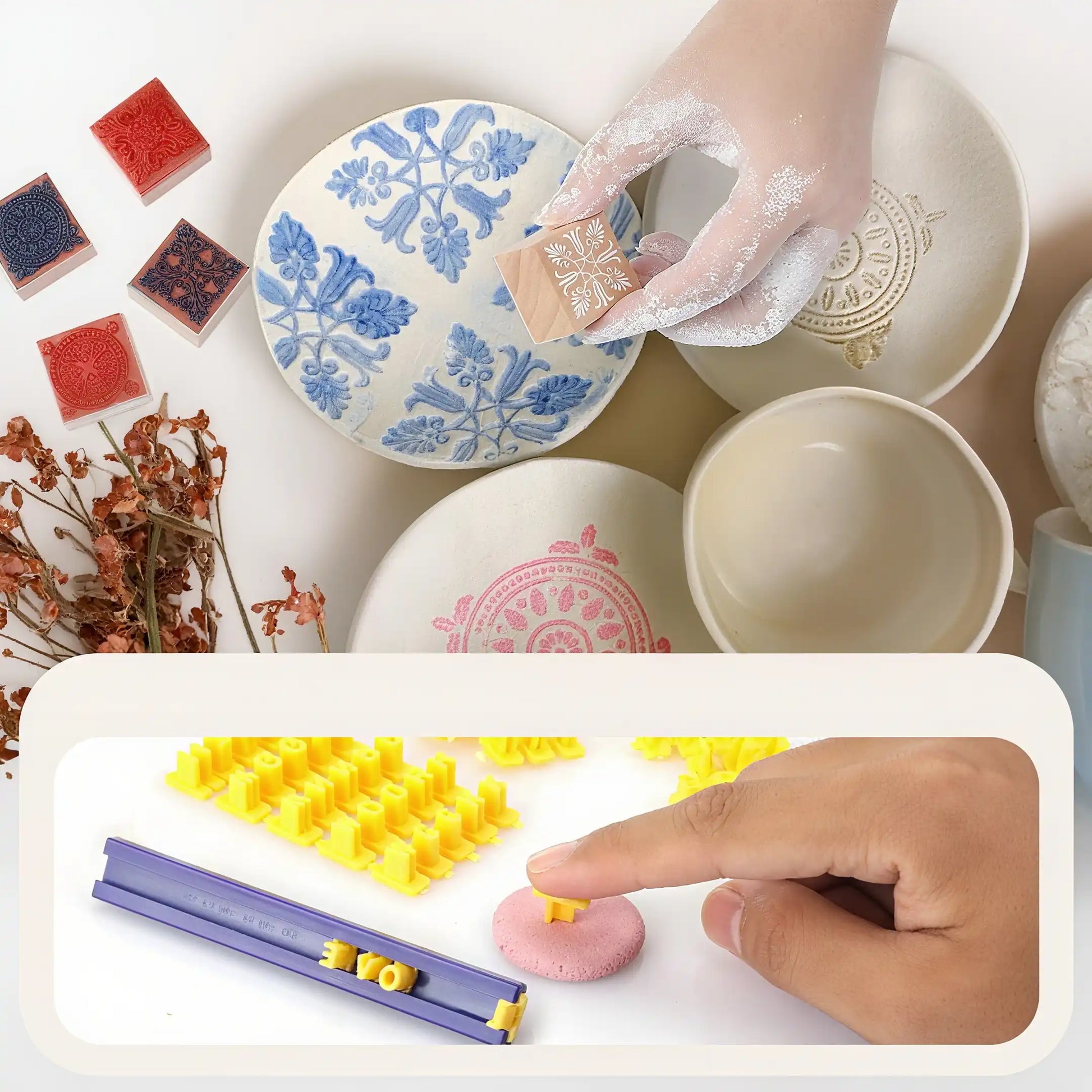 The DIY personalizable tools in the pottery kit, including decorative and alphabet stamps to customize creations.