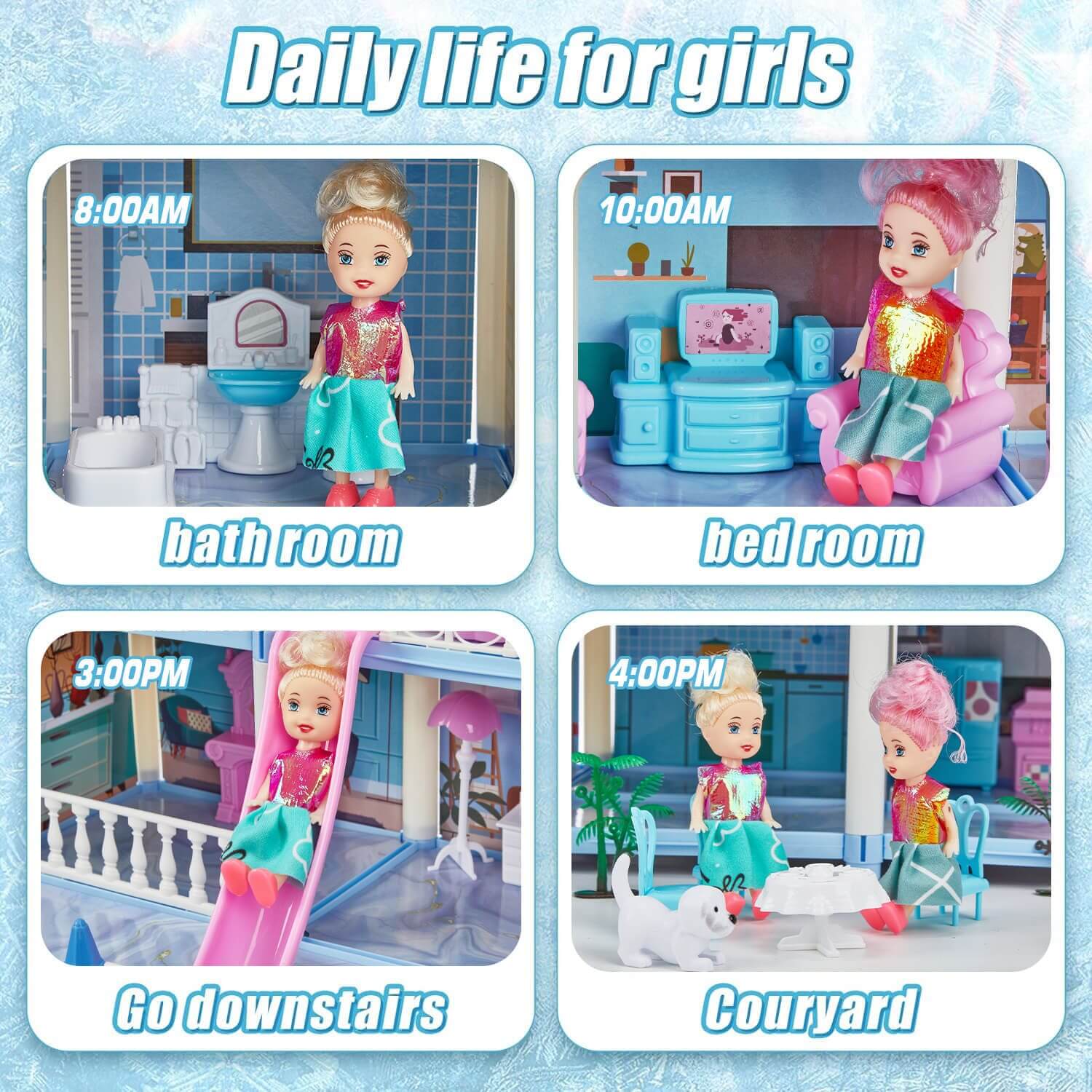 Kids dollhouse showing daily life scenes for girls