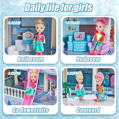 Kids dollhouse showing daily life scenes for girls