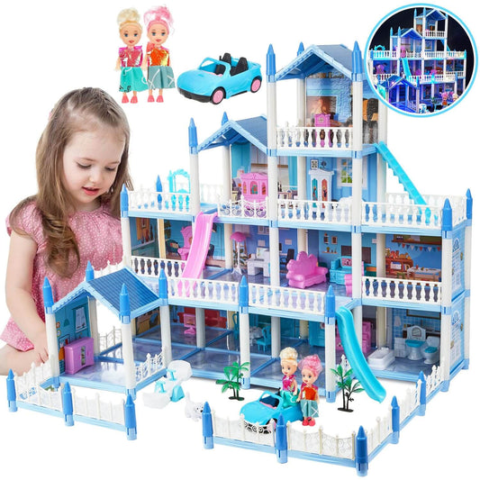 A girl playing with Anpro dollhouse, which includes dolls, a car, and various rooms.