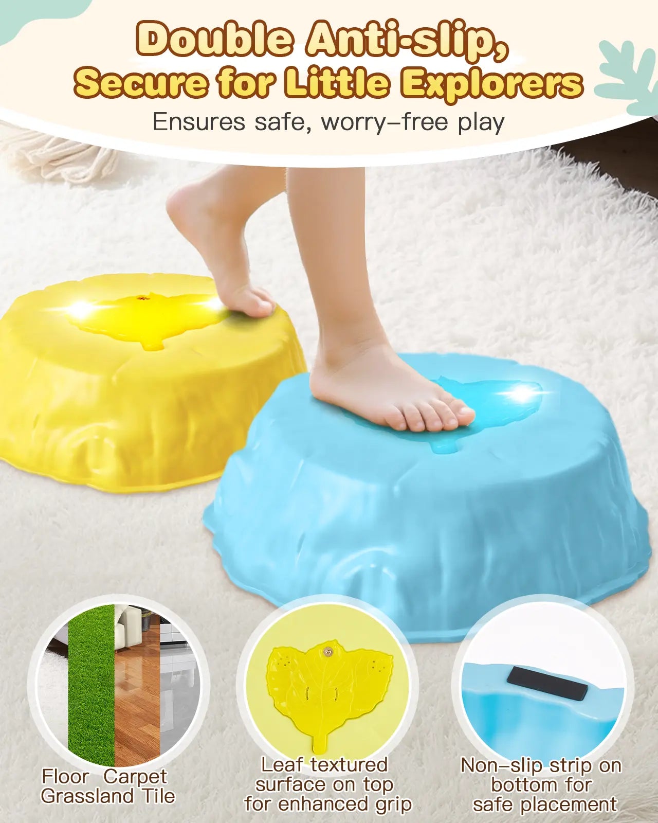 The double anti-slip safety features of the kids stepping stones, with a textured top and grip on the bottom.