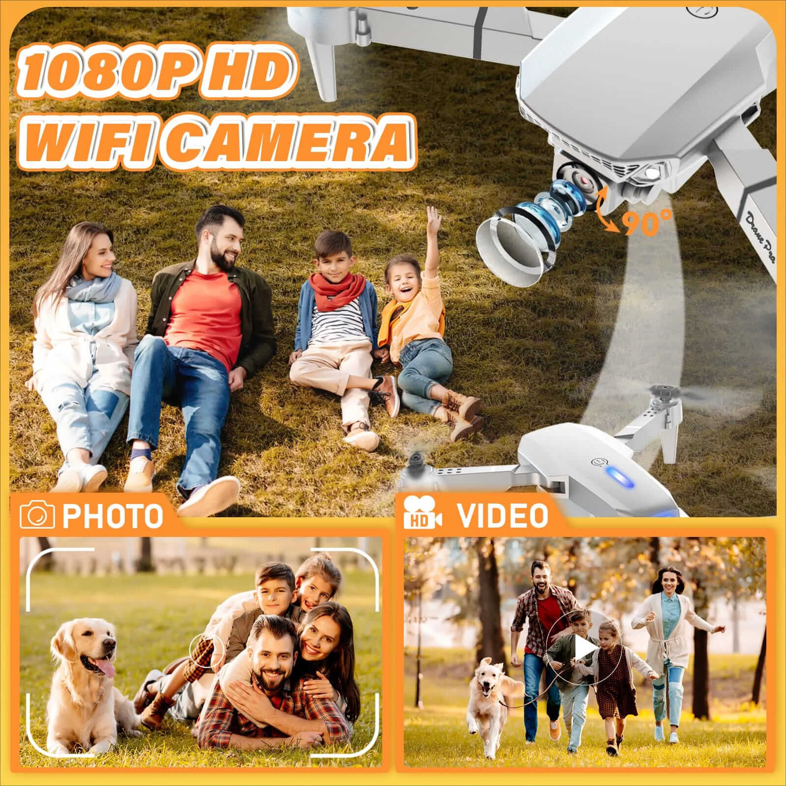 Drone with a 1080P HD WiFi camera, 90° adjustable. Ideal for taking photos and videos of family moments.