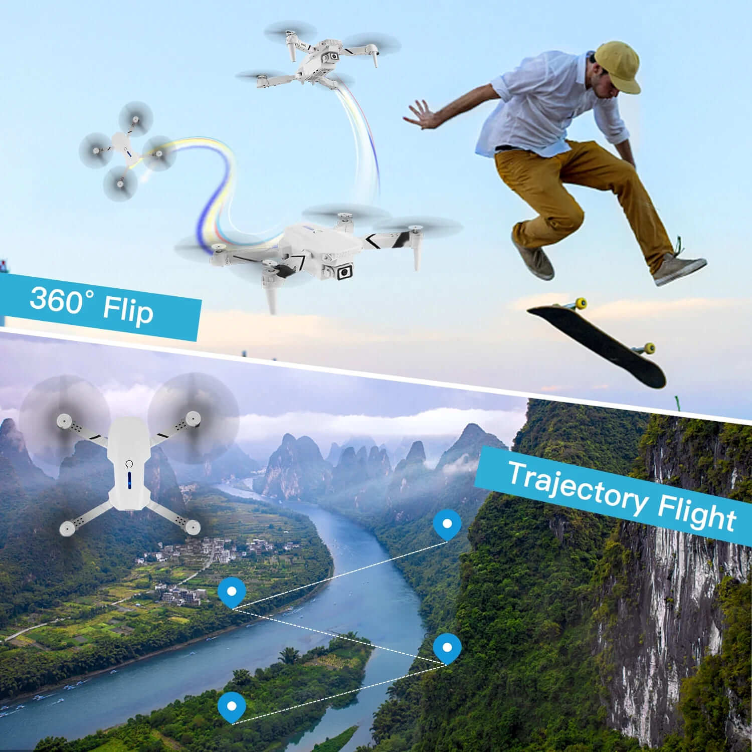 Drone demonstrating 360° Flip and Trajectory Flight features, ideal for dynamic and customized flying experiences.