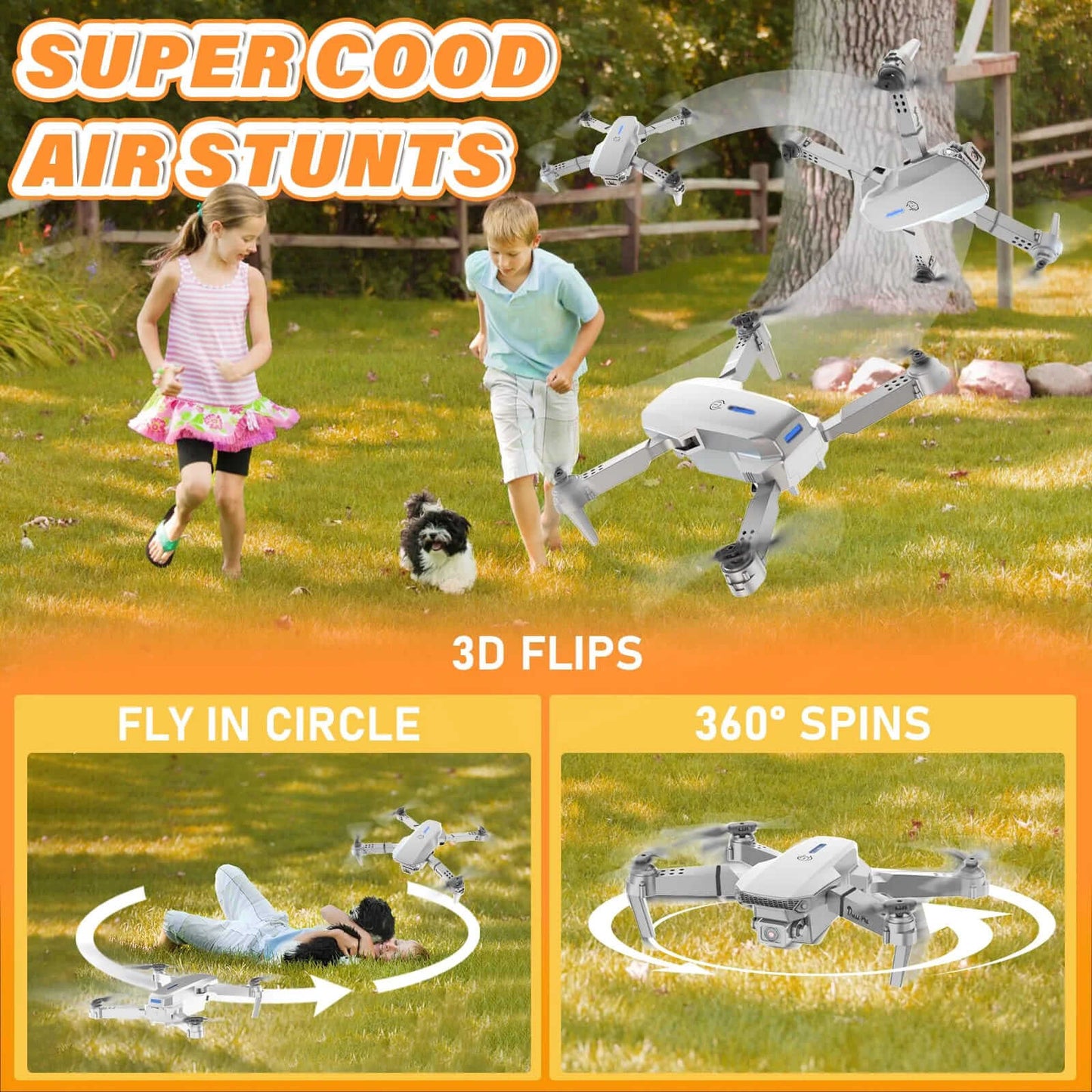 Drone performing super cool air stunts like 3D Flips, Fly in Circle, and 360° Spins for an exciting flight experience