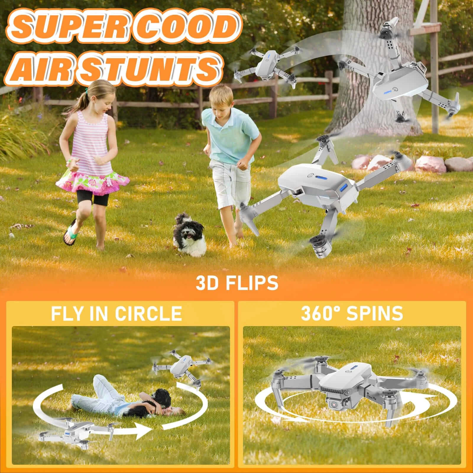 Drone performing super cool air stunts like 3D Flips, Fly in Circle, and 360° Spins for an exciting flight experience