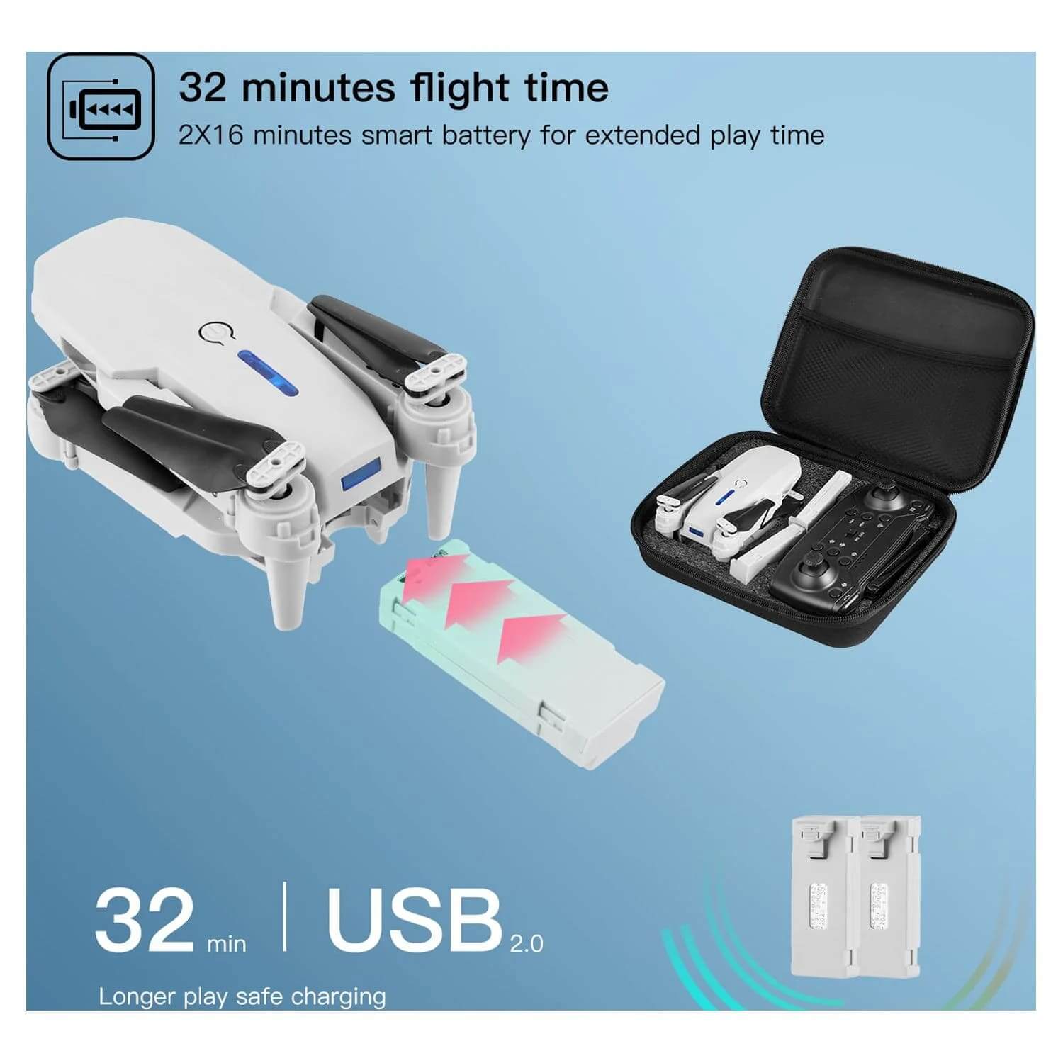Drone with 32 minutes of flight time using 2X16 minutes smart batteries.