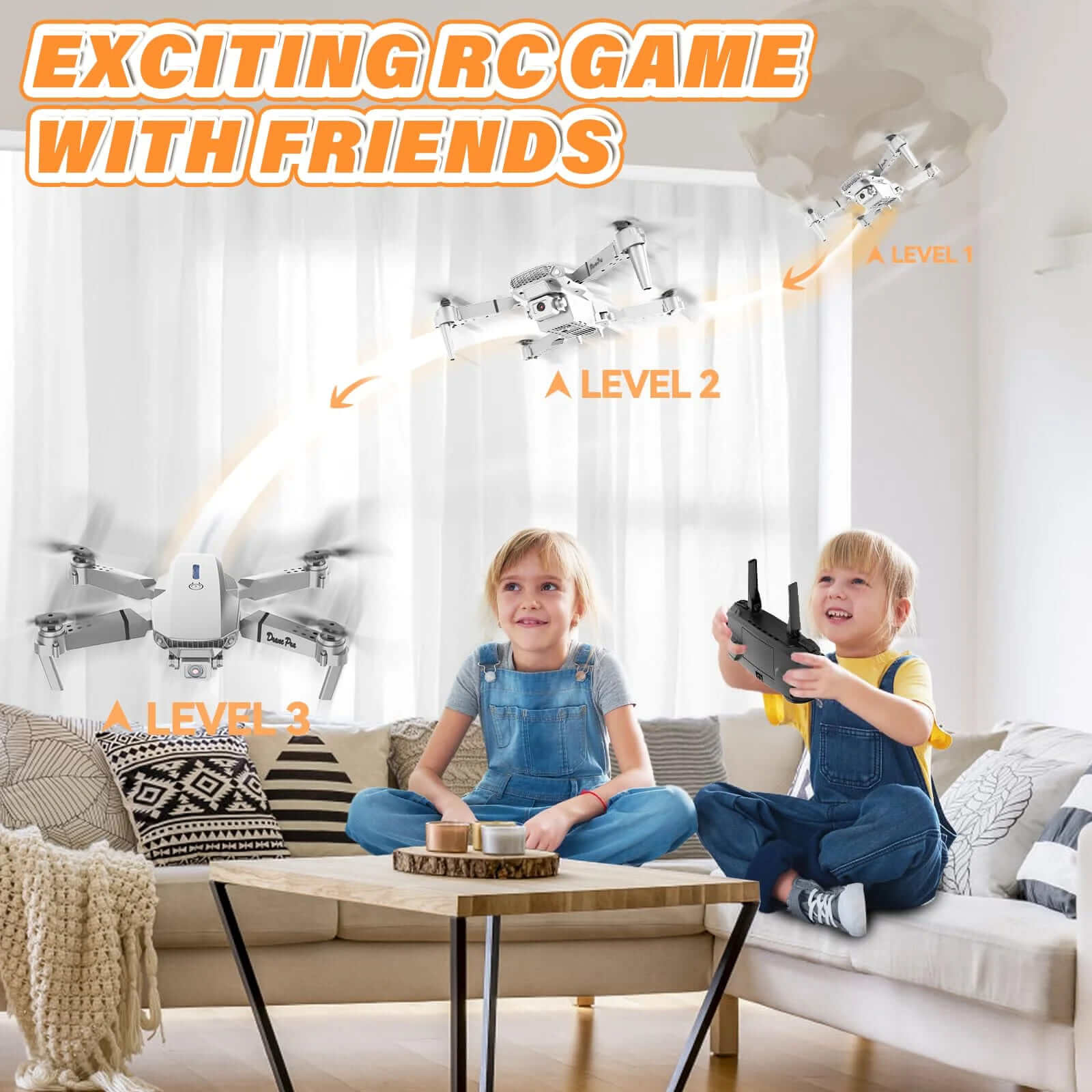 Kids enjoying an exciting RC game with a drone. Different flight levels shown for fun with friends.