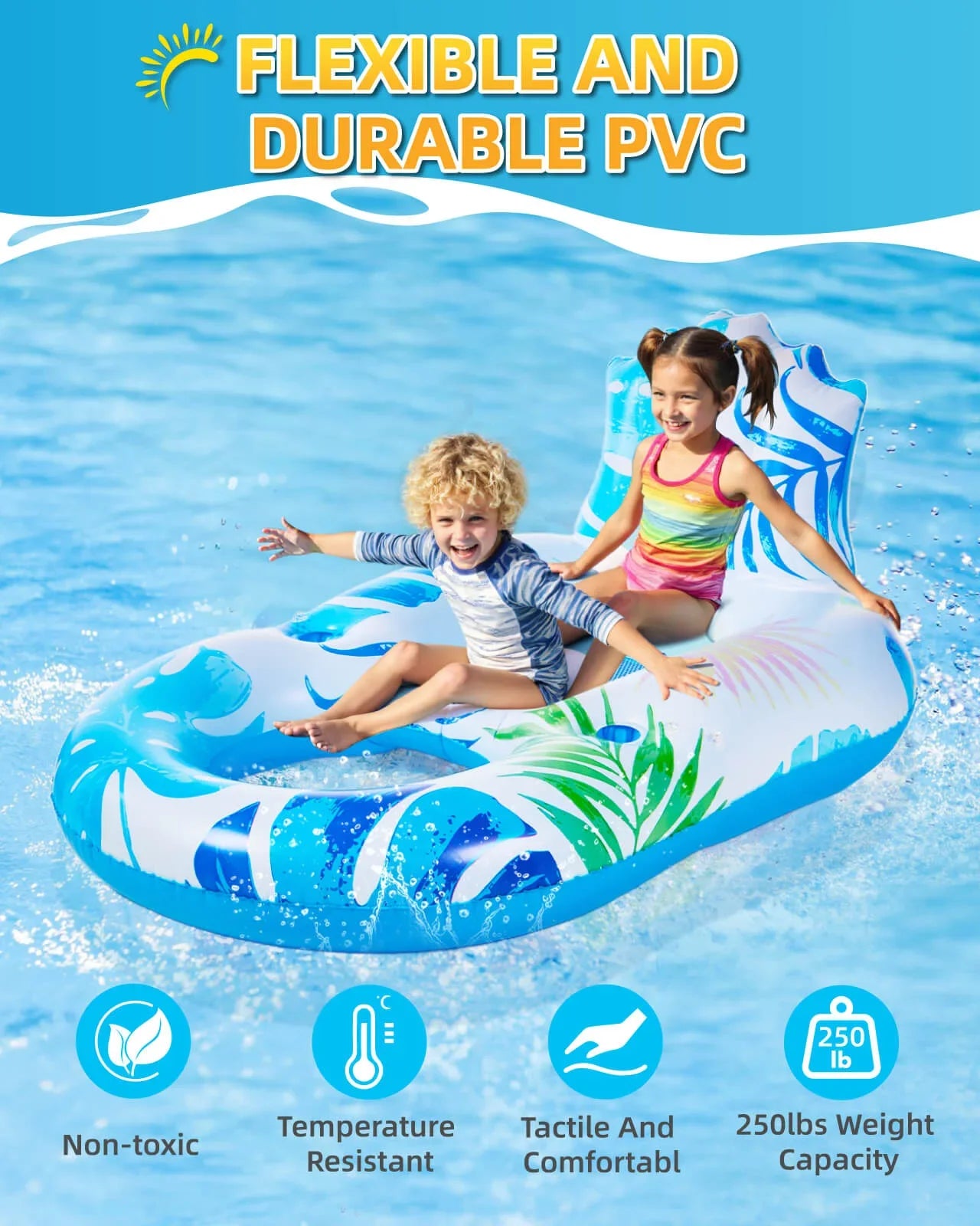 Two kids enjoying a durable PVC inflatable pool float with a 250lb weight capacity, highlighting its non-toxic material.