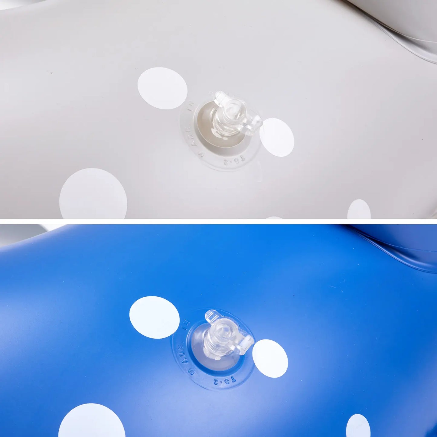 Close-up of secure, leak-proof inflation valves on the blue and silver pool toys.
