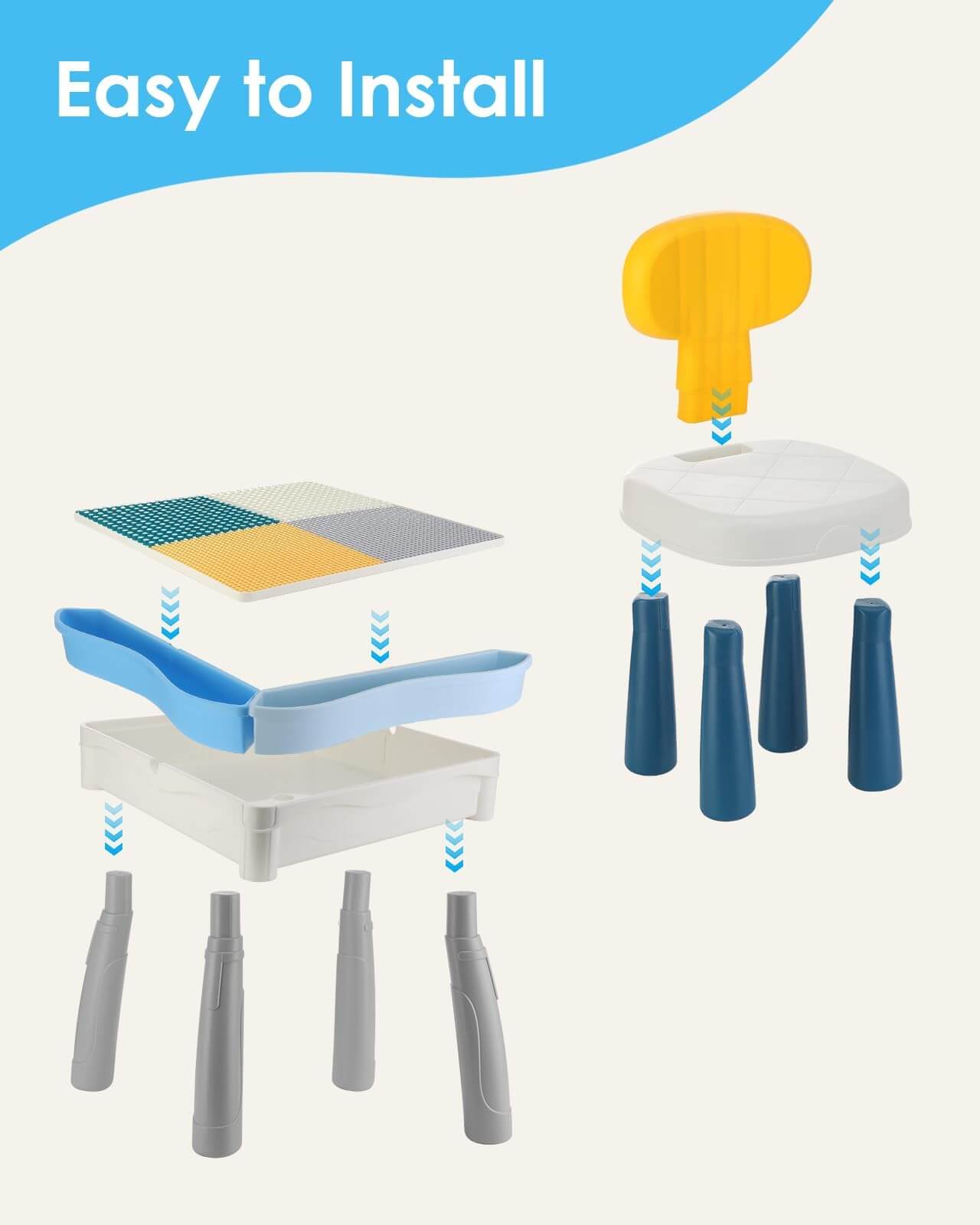 Easy installation process, , showing assembly steps for the table and chair.