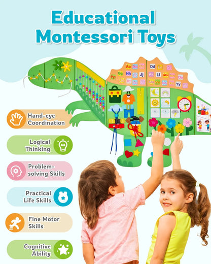 Two children developing skills with an educational Montessori busy board that improves fine motor skills and logical thinking.