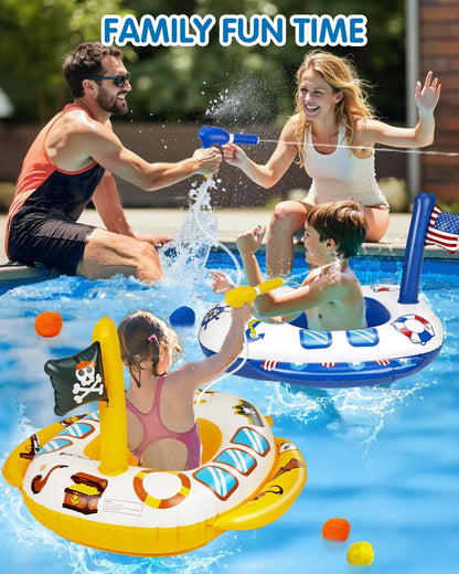 Family playing with kids pool floats in a backyard pool. Toddlers shooting built-in water guns at parents.