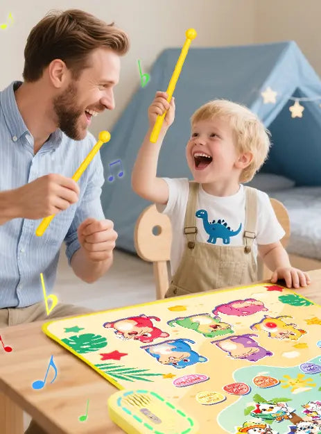 Father and son joyfully playing the whack-a-mole game on the music mat, highlighting quality parent-child interactive time with this early learning toy.