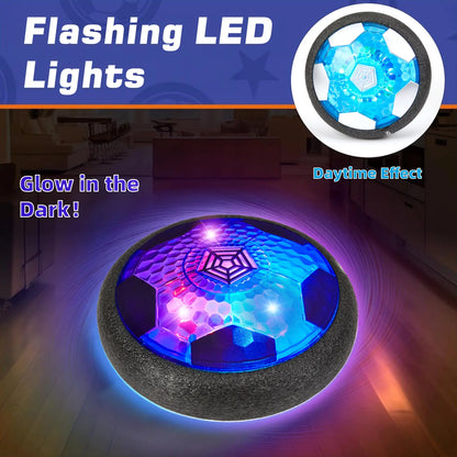 Flashing 7-color LED lights on the hover soccer ball create an exciting glow-in-the-dark night play.