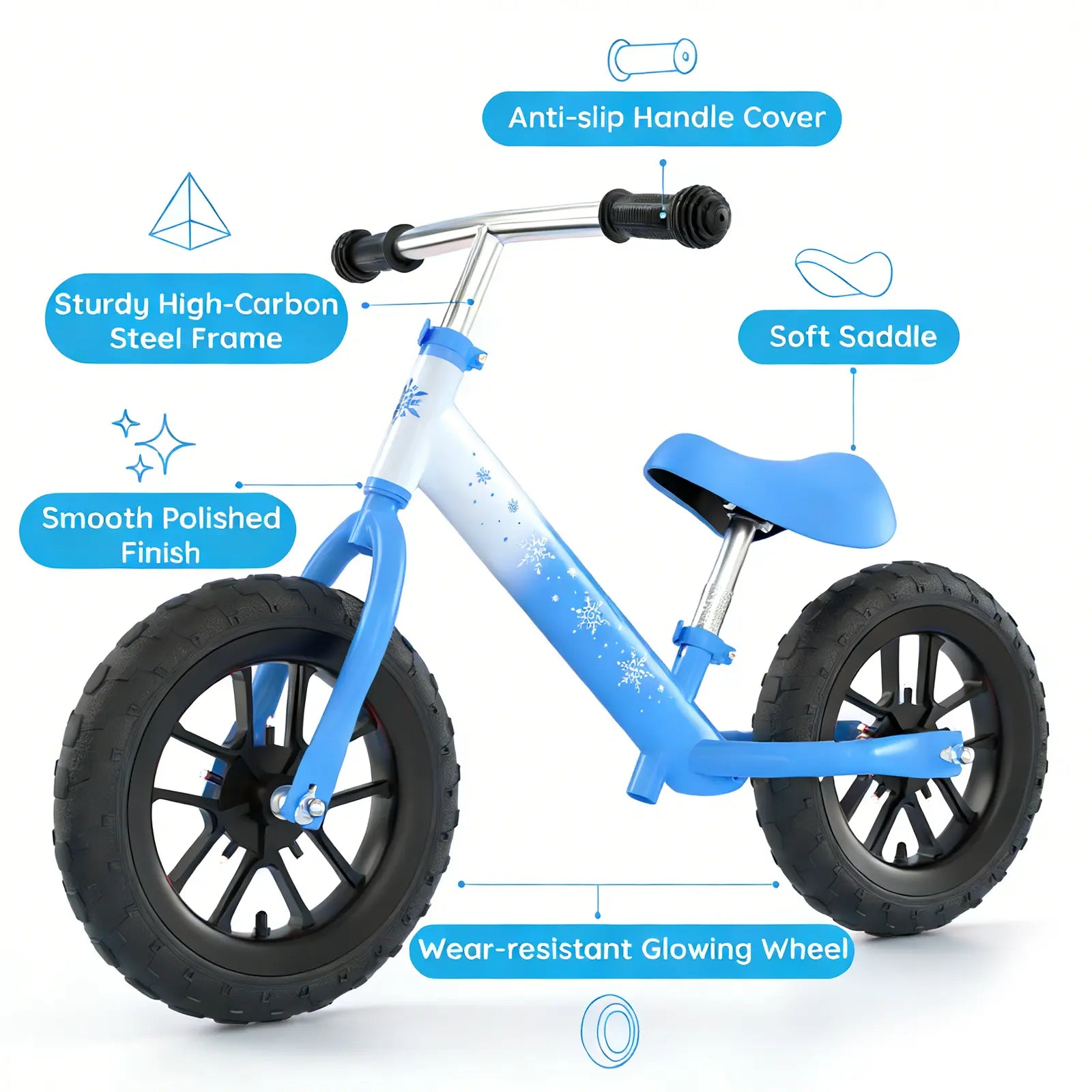 Toddler Frozen balance bike parts: carbon steel frame, non-slip handle, soft seat & durable light-up wheels, safe for 2-5 years old toddlers.