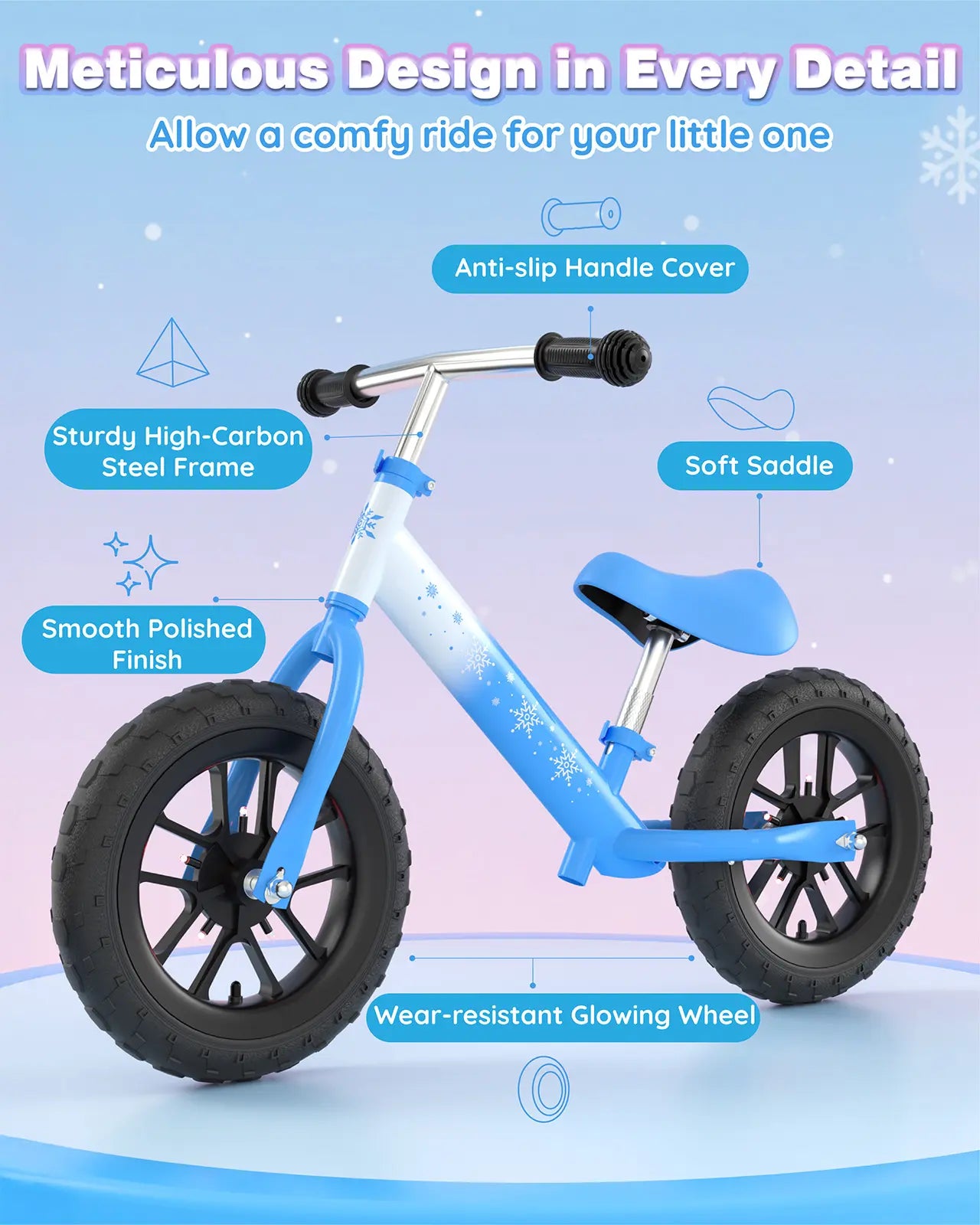 An infographic showing the balance bike's features: sturdy steel frame, soft saddle, and anti-slip handles.