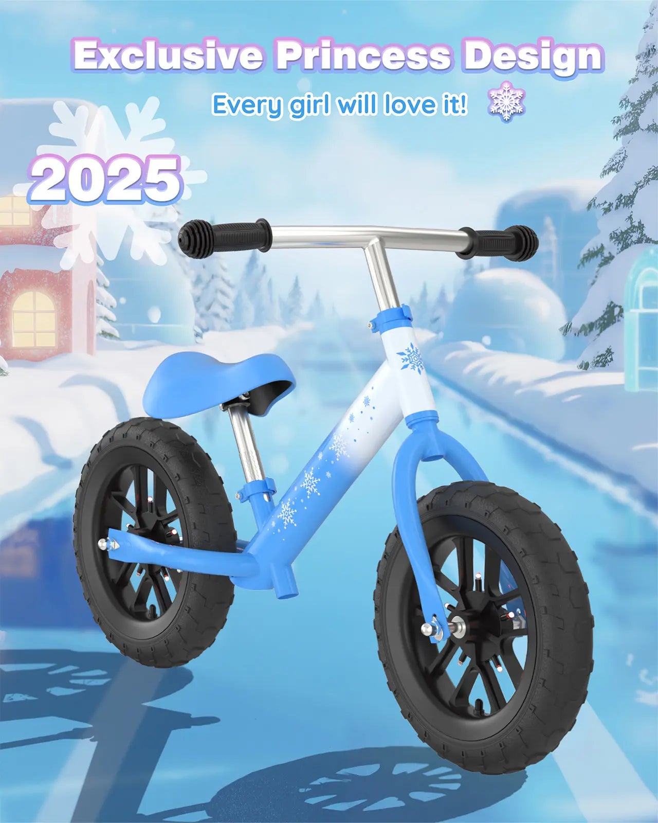 A blue and white Frozen-themed toddler balance bike with snowflake details shown on an icy background.
