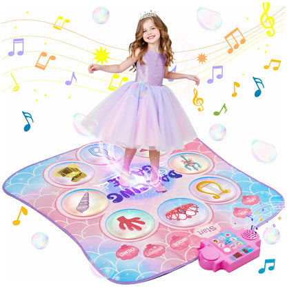 Young girl in princess dress enjoys the Mermaid Dance Mat for kids, surrounded by musical notes and bubbles