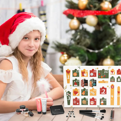 Young girl in Santa hat with the Christmas makeup advent calendar 2025, shown as a Christmas gift for teens.