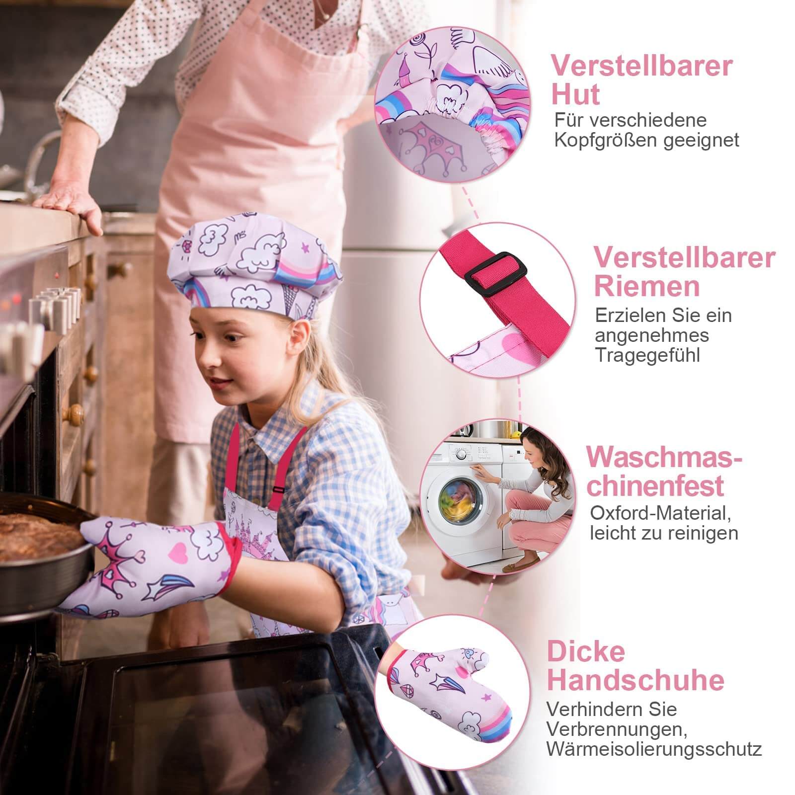 Girl using the 27 piece kids cooking and baking set. Highlights adjustable hat, strap, and features like machine washable material.