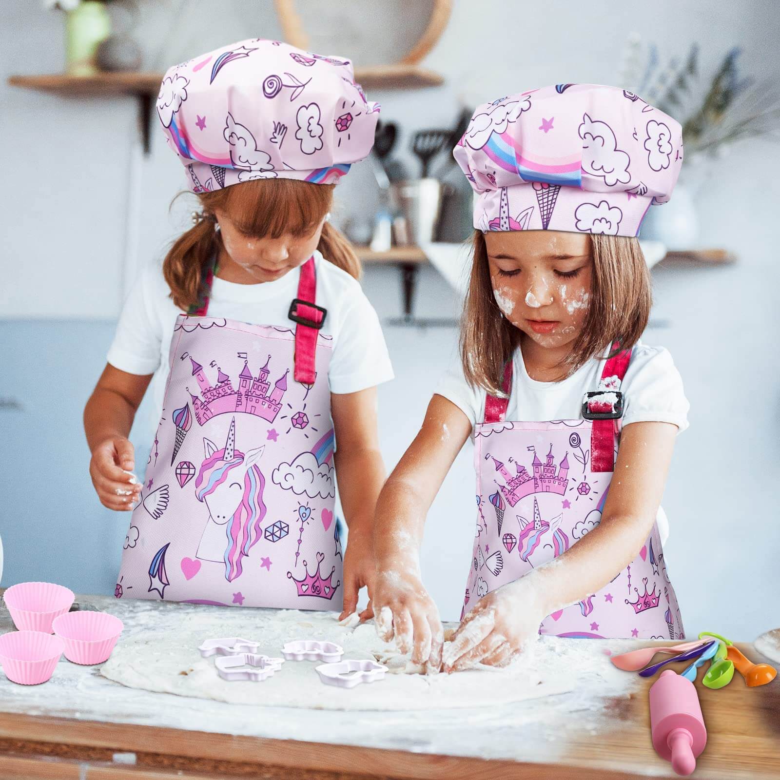 Two girls playing with Gleamkid 27 piece kids cooking and baking set, enjoying a baking activity with unicorn-themed items.