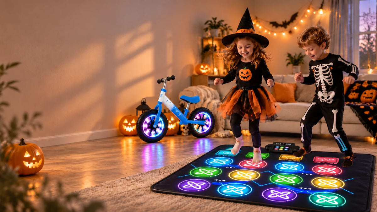 Two kids in Halloween costumes play on a colorful LED dance mat beside a glowing balance bike in a cozy, pumpkin-decorated living room.